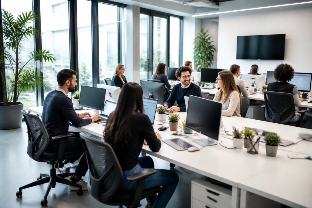 CodeShaker team collaborating in a bright open-plan office