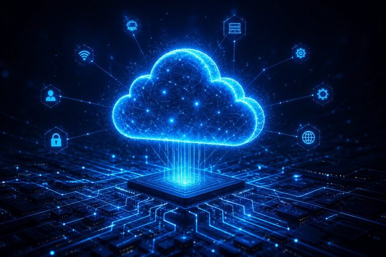 Glowing cloud computing network illustration