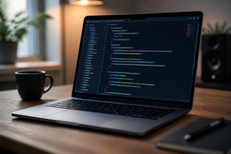 Laptop showing code in a warmly lit room