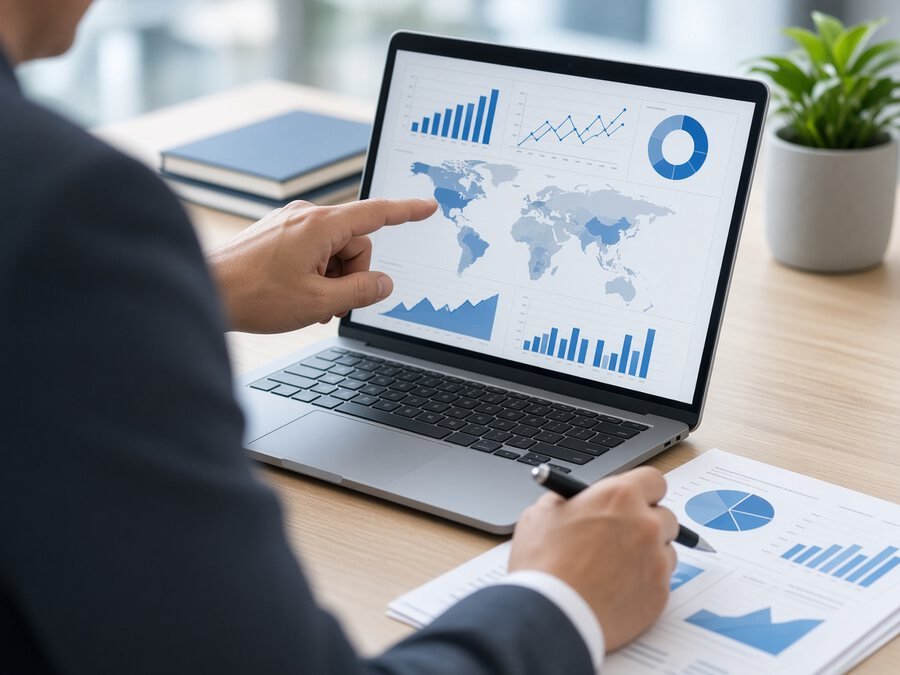 Consultant pointing at an analytics dashboard beside printed reports