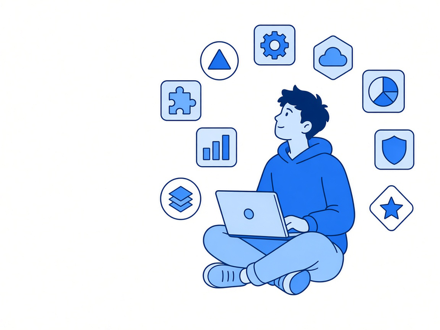 Illustration of a developer sitting with a laptop surrounded by technology tiles