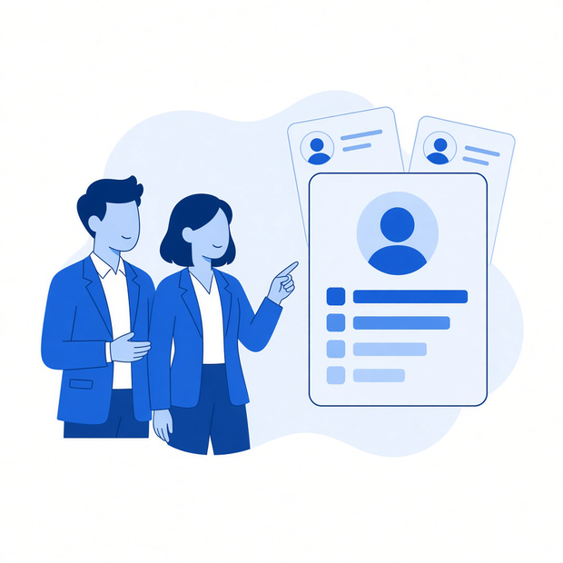 Illustration of two recruiters reviewing candidate profile cards