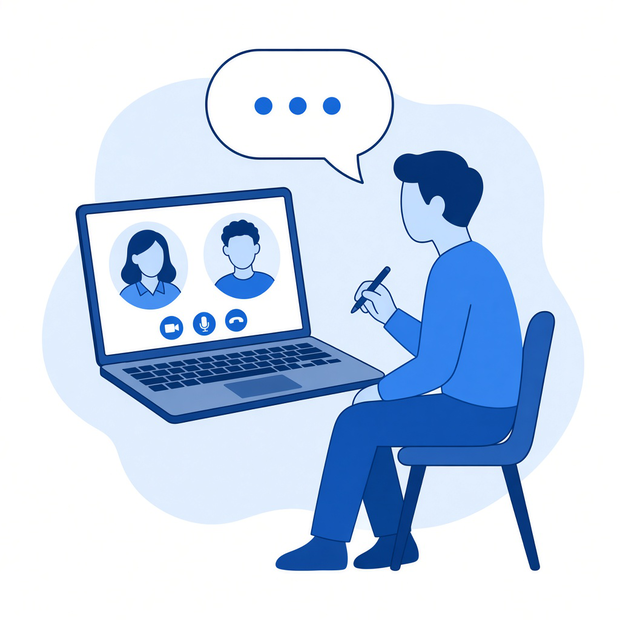 Illustration of a video call interview on a laptop