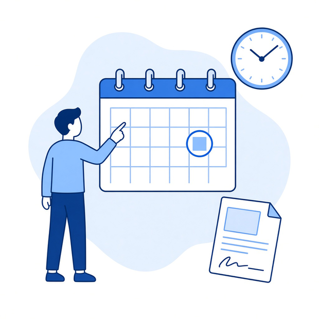 Illustration of a start date circled on a calendar beside a signed contract