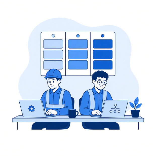 Illustration of two engineers working at a desk in front of a kanban board