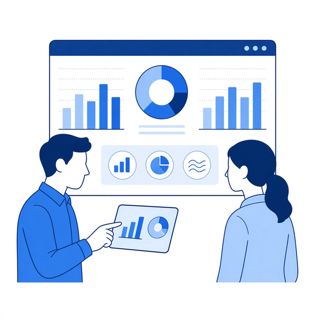 Illustration of two people reviewing a delivery dashboard